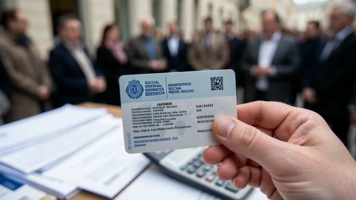 Generic image of a hand holding a Spanish Social Security card with official documents and a calculator in the background.