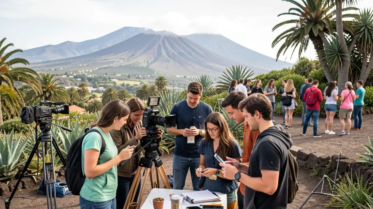 Jóvenes trabajando en un rodaje audiovisual en Lanzarote con equipo profesional y paisaje volcánico.