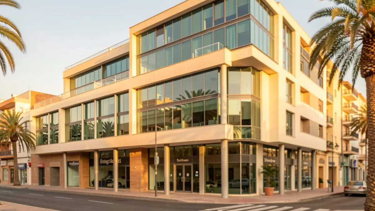 Commercial building facade in Las Palmas de Gran Canaria with warm afternoon light.