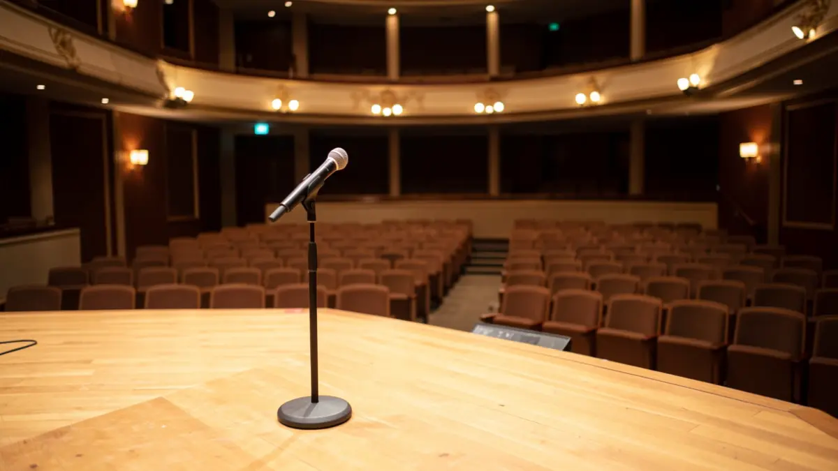 Generic image of a concert hall with warm lighting and a prepared stage.