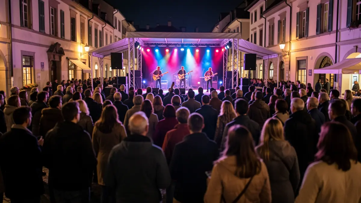 Generic image of an outdoor concert in a plaza with an audience.