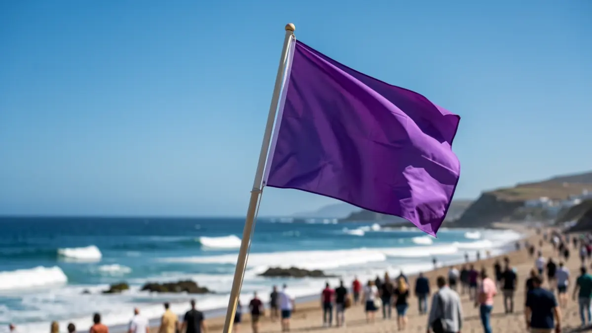 Imagen genérica de una bandera morada en una playa canaria.