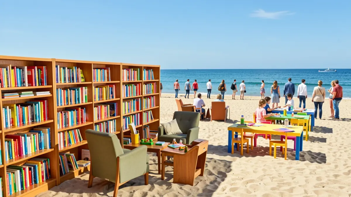 Imagen de la biblioplaya de Melenara con libros, zonas de lectura y el mar al fondo.