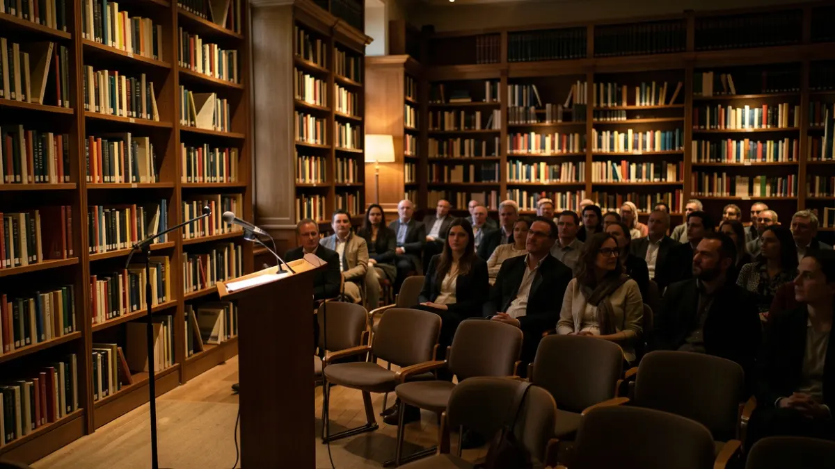 Generic image of a library with a microphone and chairs.