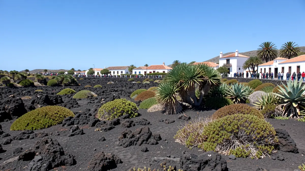 Generic image of a volcanic landscape in the Canary Islands with traditional architecture.