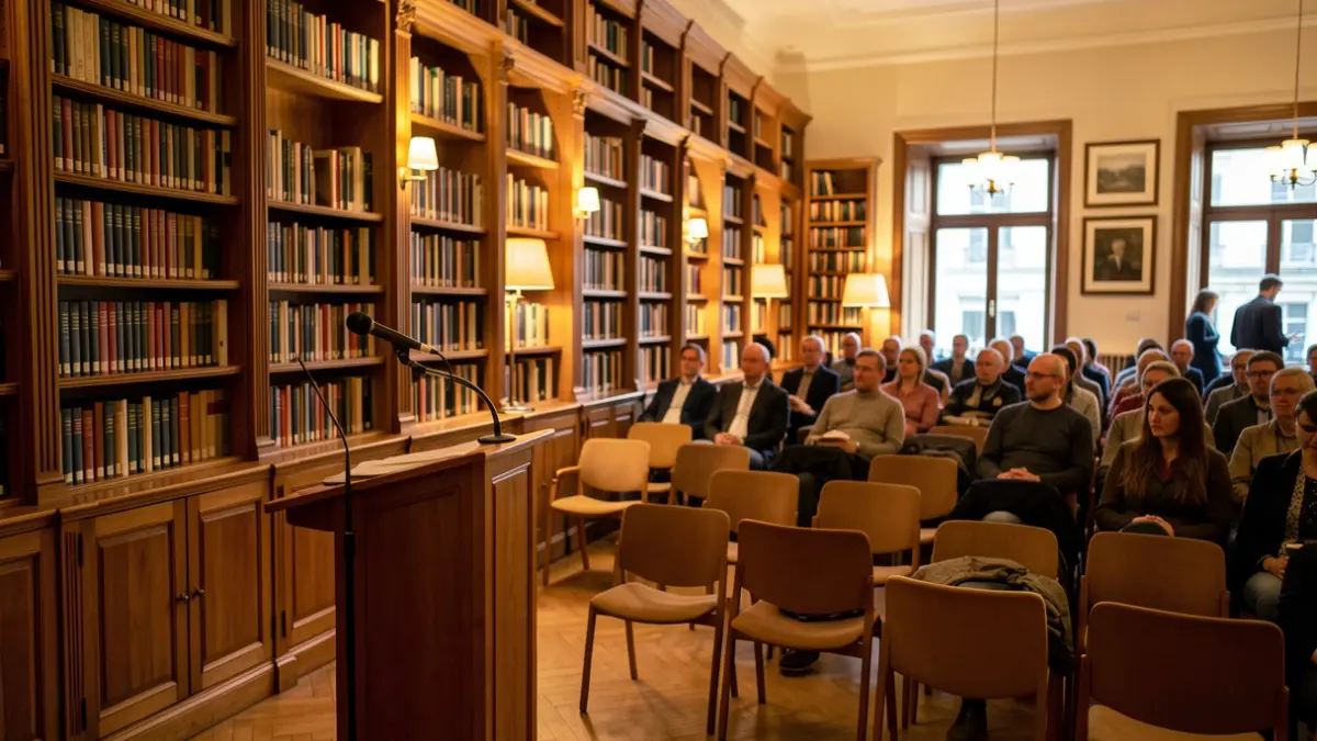 Cultural space with chairs and a microphone prepared for a presentation.