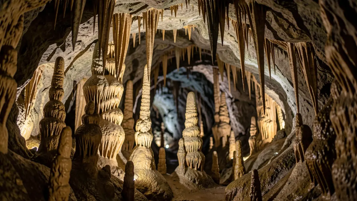 Interior of the Cueva del Viento, a volcanic tube with illuminated rock formations.