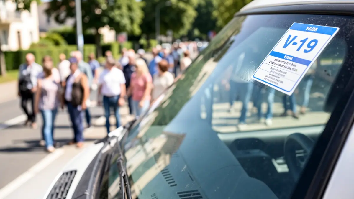 V-19 ITV inspection sticker placed on a vehicle windshield.