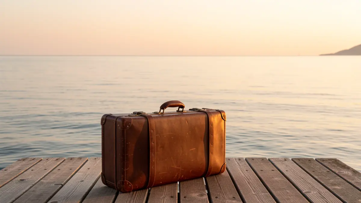 Conceptual image of an old suitcase facing the ocean at sunset.