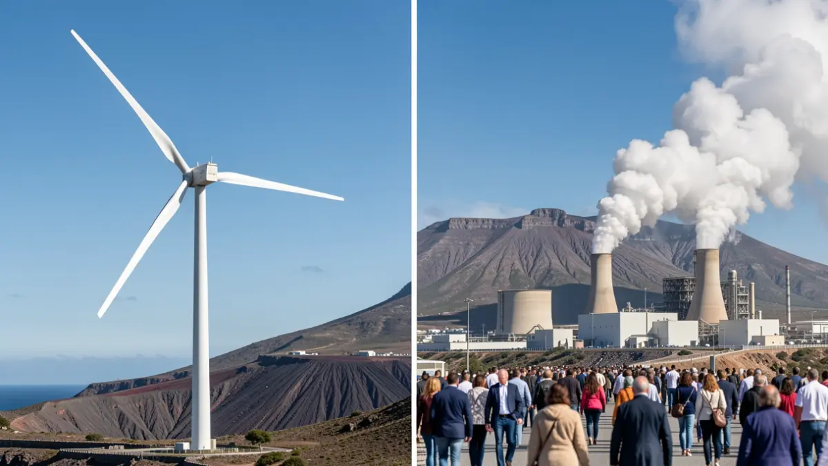 Image of a wind turbine next to a power plant with smoke, representing energy generation in the Canary Islands.