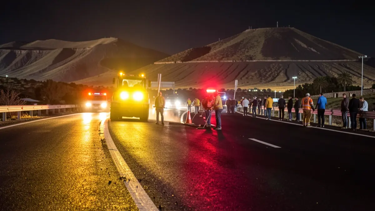 Generic image of nighttime asphalt paving work on a highway.