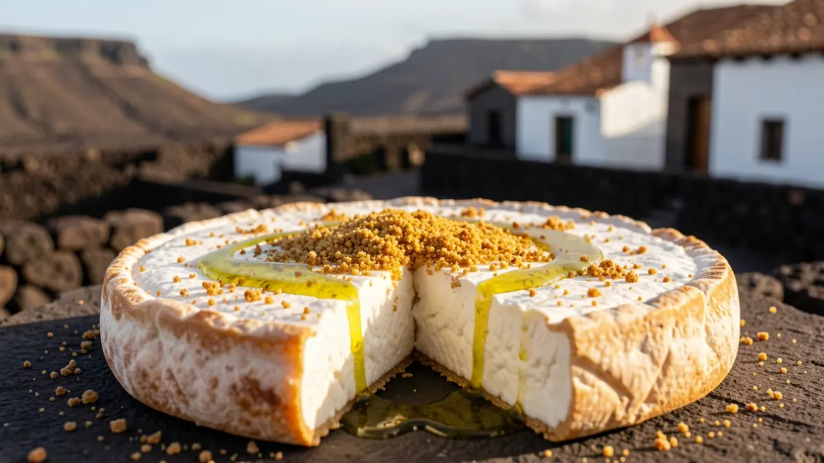 Primer plano de un queso de cabra artesanal con gofio y aceite de oliva, sobre un fondo de paisaje volcánico canario.