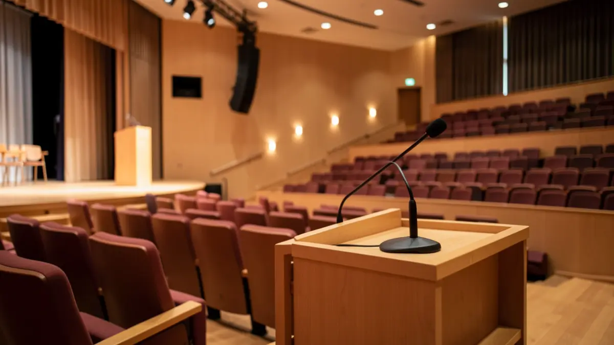 Image of an auditorium with a stage prepared for an institutional event.