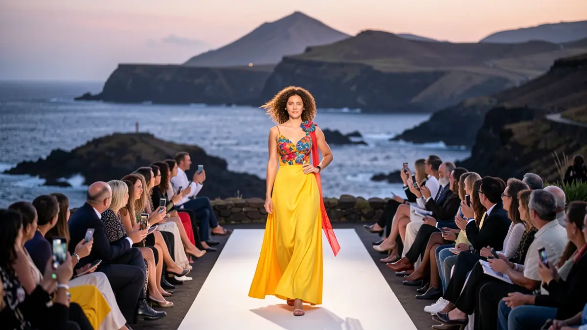 Pasarela de moda en Puerto de Vueltas, Valle Gran Rey, La Gomera, con el mar y el paisaje volcánico como telón de fondo.