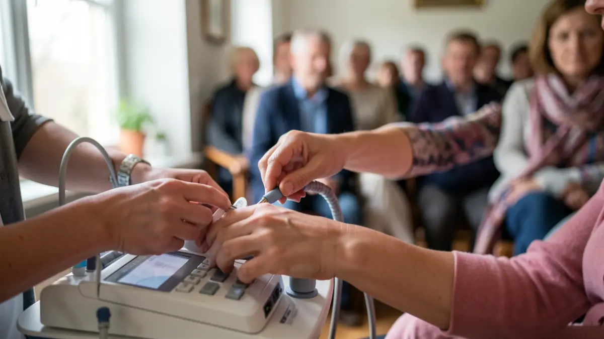 Healthcare professional's hands adjusting medical equipment on a patient's arm at home.