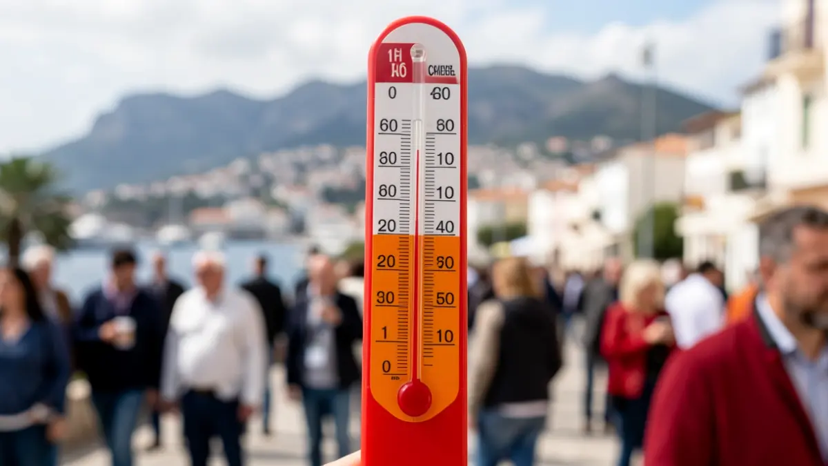 Termómetro genérico mostrando alta temperatura con paisaje canario desenfocado.
