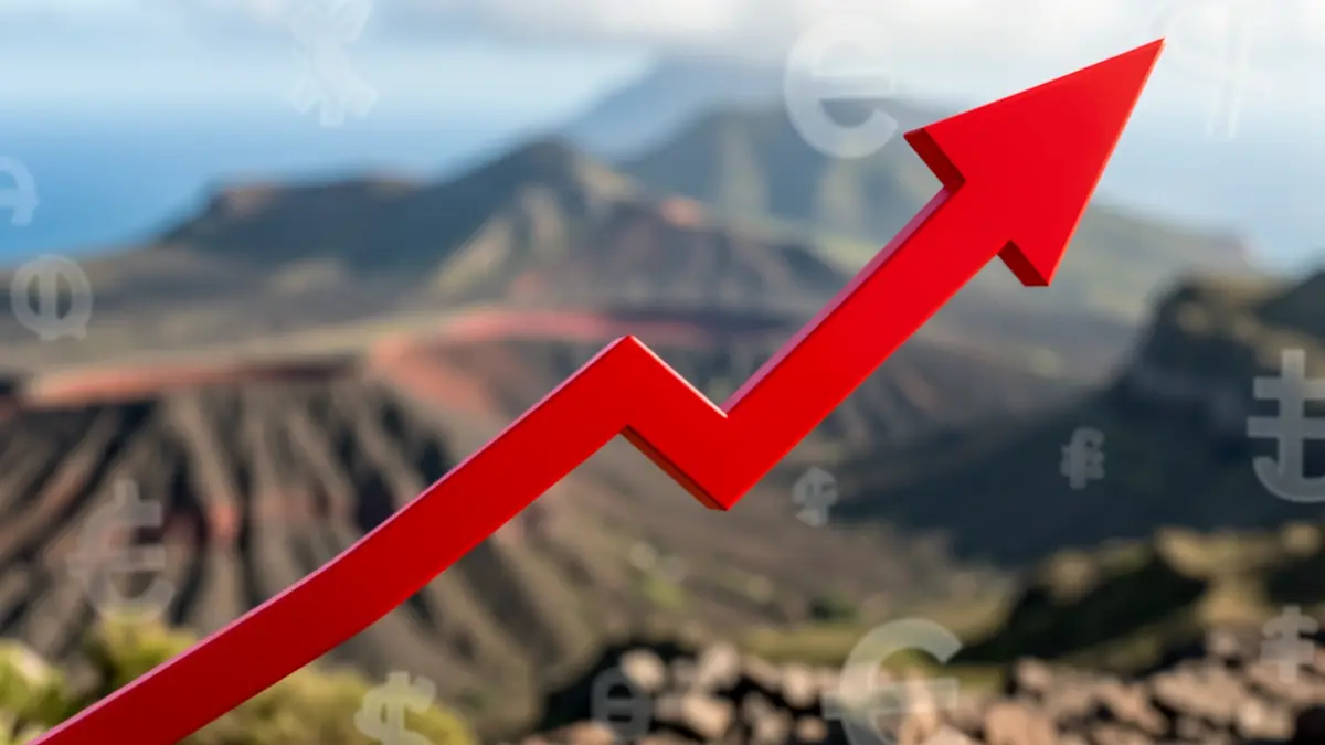 Gráfico genérico de inflación ascendente sobre paisaje volcánico de Canarias.