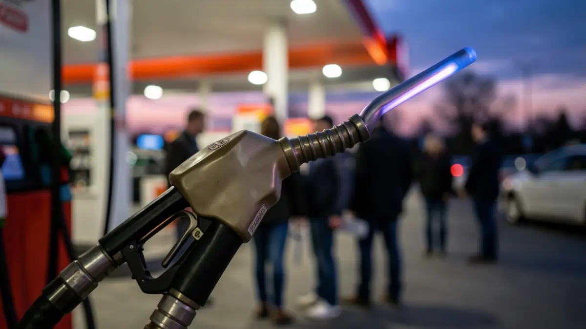 Primer plano de una manguera de surtidor de combustible con un ligero brillo, sobre un fondo difuminado de una gasolinera al anochecer.