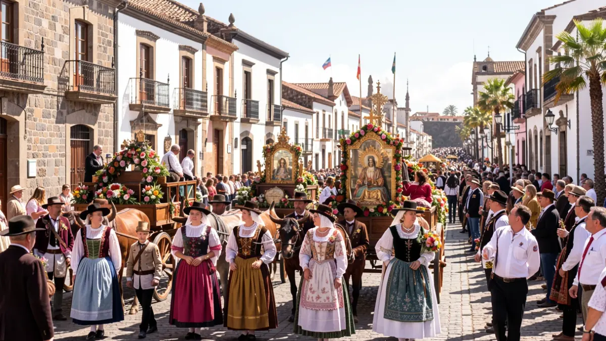 Imagen de la Romería de San Benito en La Laguna, Tenerife, con trajes típicos y carros decorados.