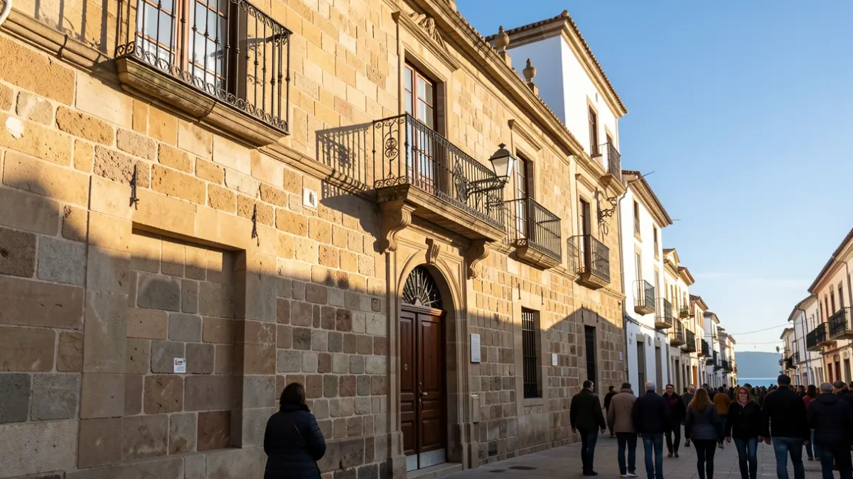 Stone facade of a historic building in the old town of La Laguna under the afternoon light.