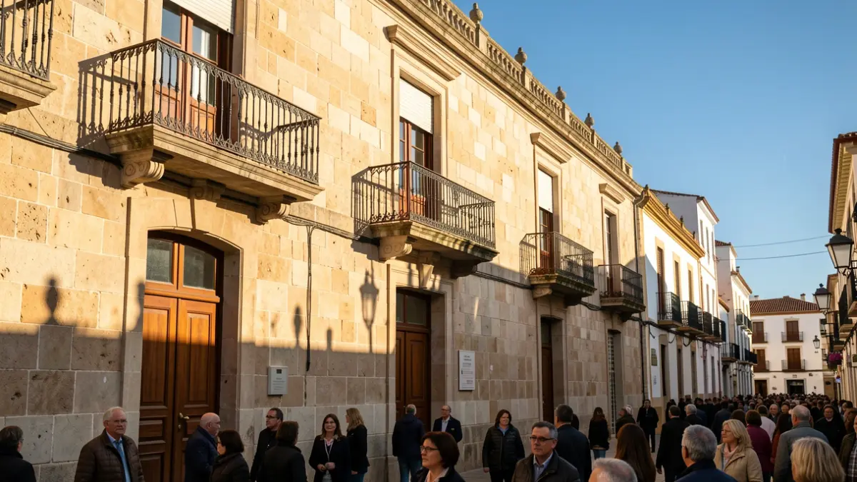 Fachada de un ayuntamiento canario con balcón y barandillas de hierro, luz de sol de la tarde.