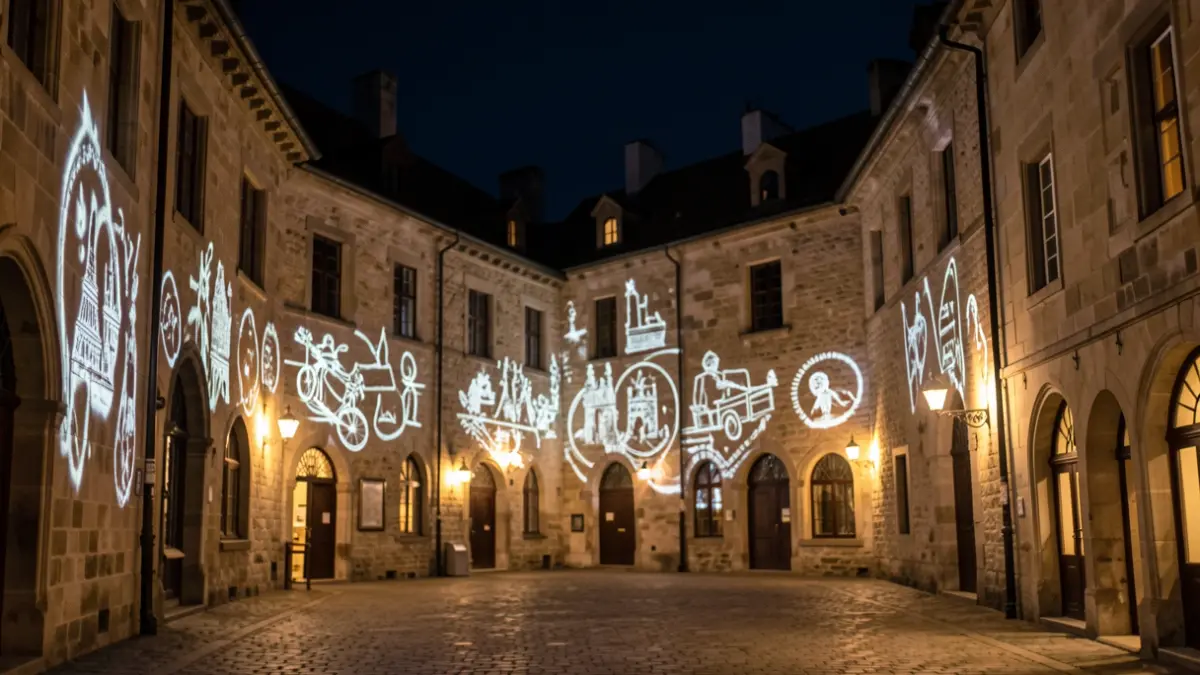 Heritage lighting projecting historical images onto San Agustín street in La Laguna.