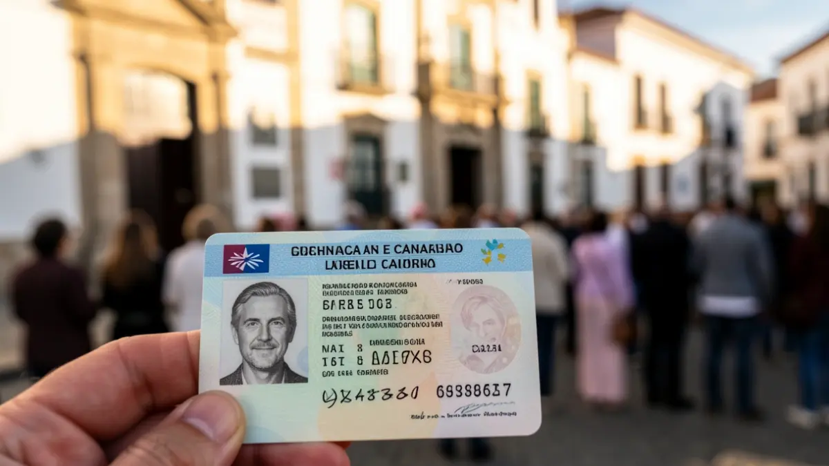 Close-up of a driving license card with a blurred background of a town hall facade in Canarias.