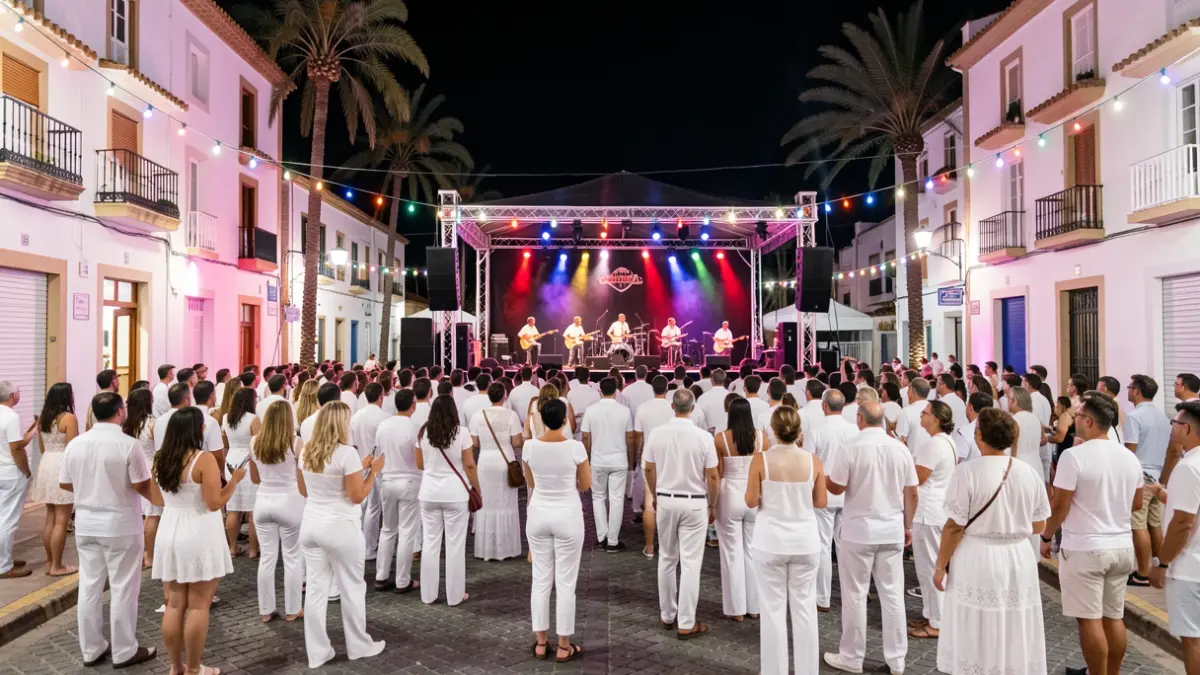 Imagen genérica de una fiesta popular en Canarias con gente vestida de blanco disfrutando de música en directo.