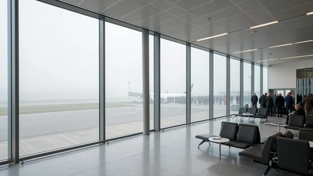 Vista de una terminal aeroportuaria con niebla en la pista de aterrizaje.