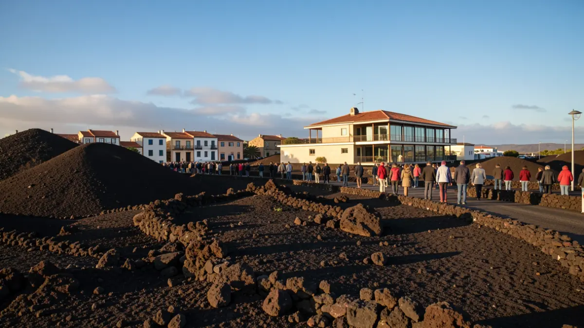 Imagen genérica de un paisaje volcánico canario con arquitectura tradicional.