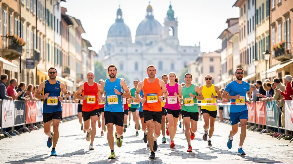 Generic image of runners crossing a finish line in a town square.