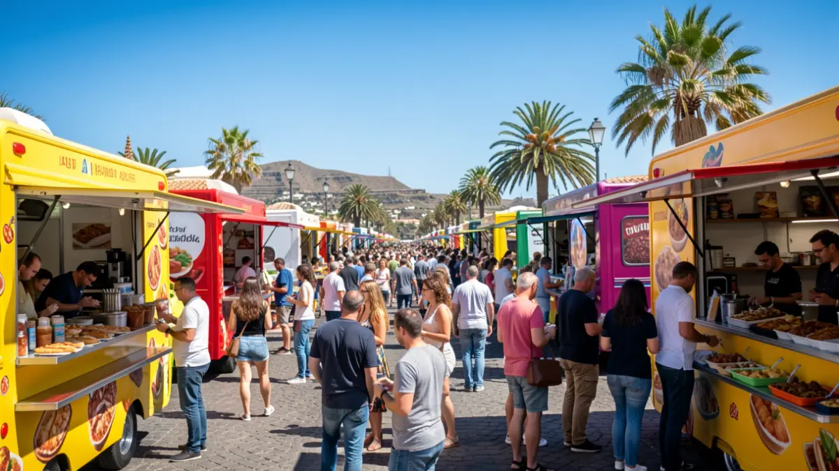 Generic image of an outdoor food festival in the Canary Islands with food stalls and people enjoying themselves.