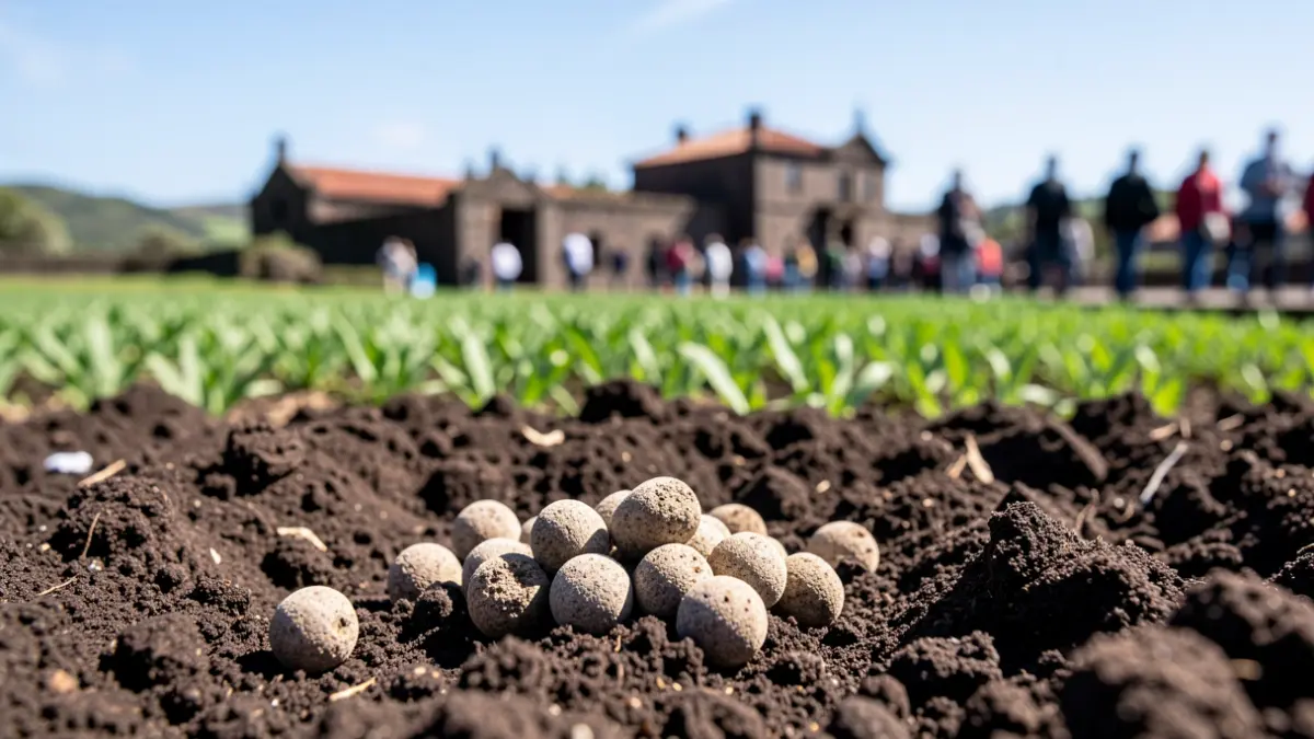 Organic fertilizer on agricultural land in La Orotava, with green fields and Canarian architecture in the background.