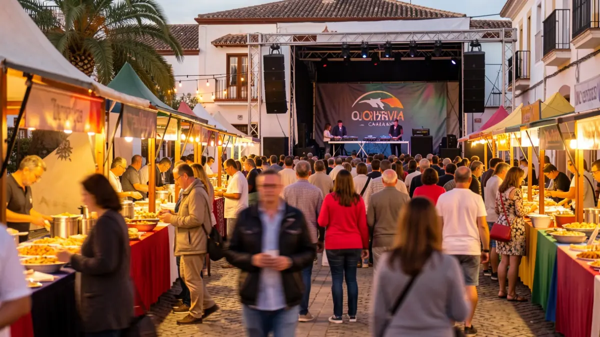 Generic image of an outdoor food festival in La Orotava with food stalls and a stage.