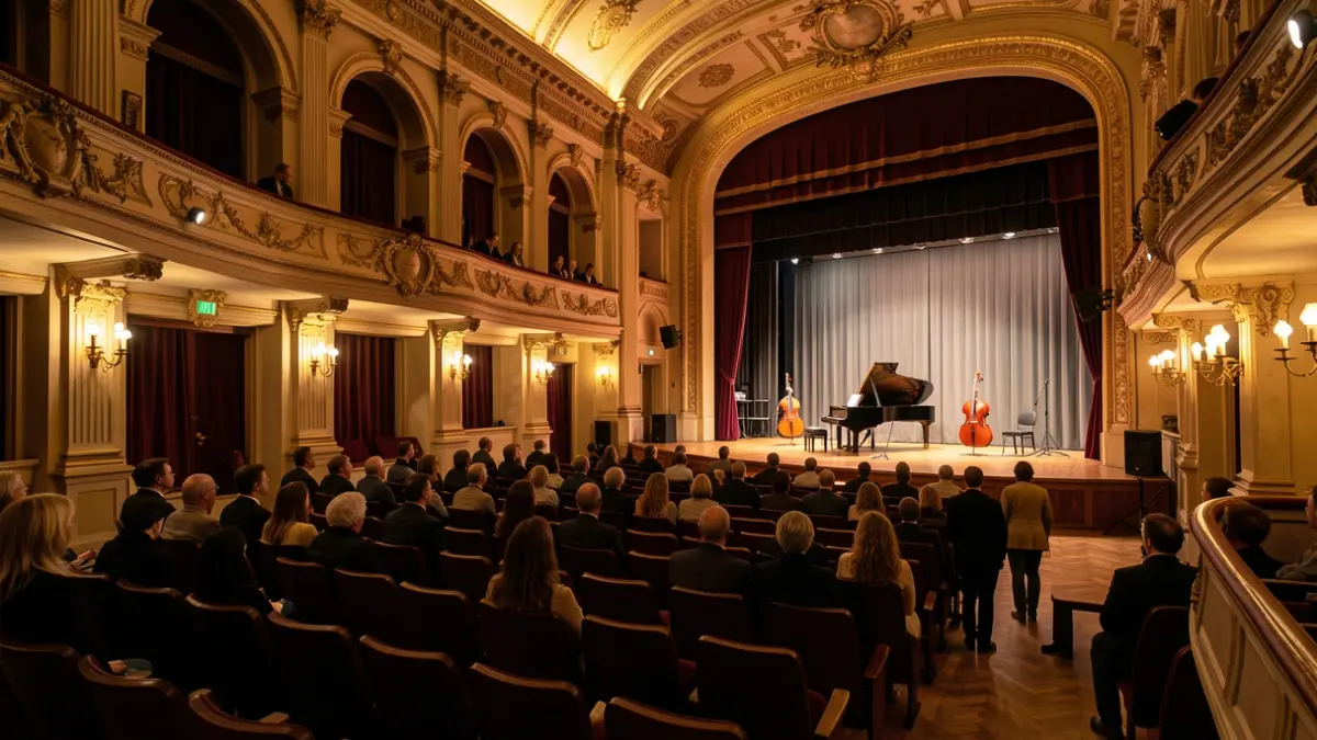 Generic image of a concert hall with a stage set for classical music.