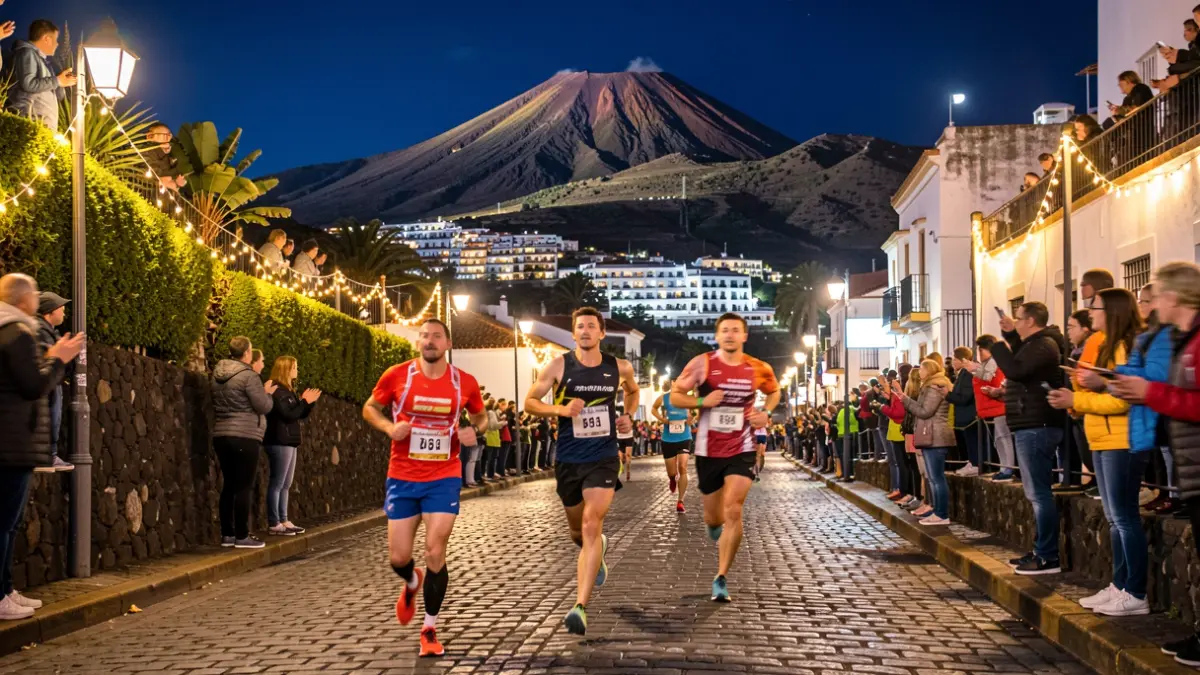 Image of the Hospiten 8KM Orotava night race in La Orotava, showing runners on cobblestone streets and steep inclines.