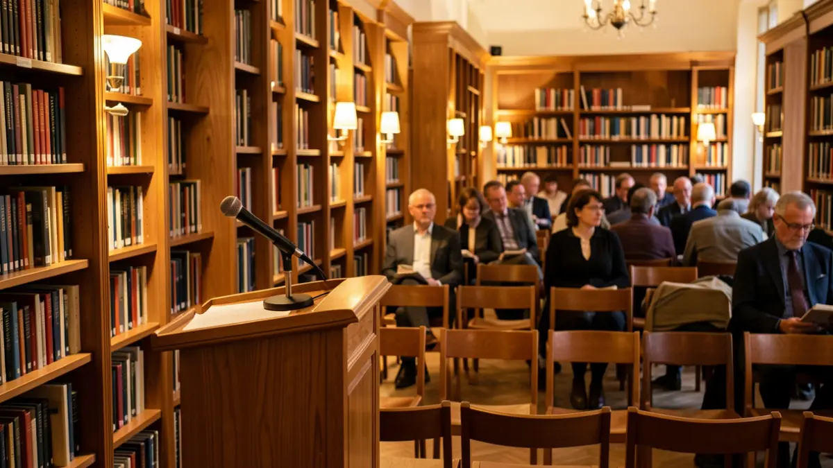 Interior de una biblioteca con estanterías de madera y ambiente acogedor para actividades culturales.