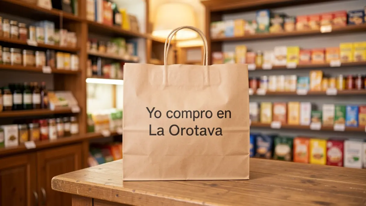 Shopping bag with the slogan 'Yo compro en La Orotava' on a local shop counter.
