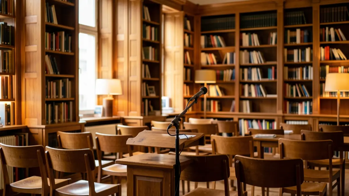 Imagen genérica de una biblioteca con estanterías de madera y ambiente acogedor para actividades culturales.