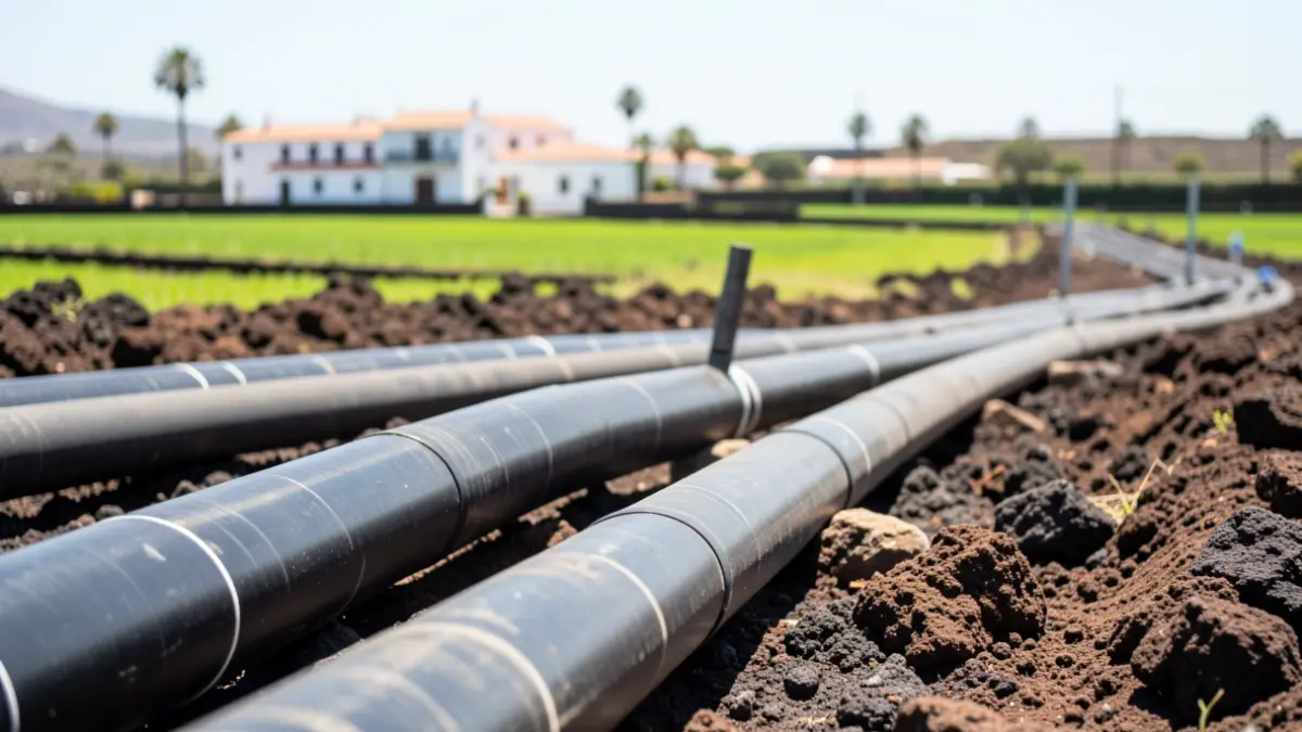 Image of large diameter pipes being installed in volcanic terrain in La Palma.