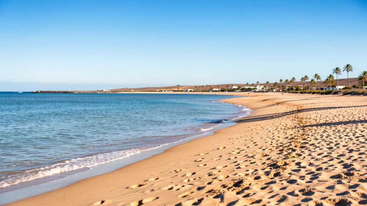 Imagen genérica de la playa de Matagorda en Lanzarote, destacando su arena y aguas tranquilas bajo el sol.