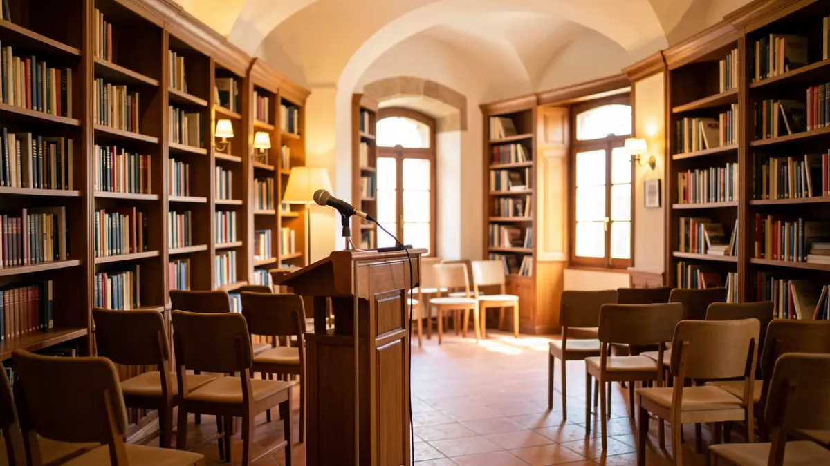 Ambiente acogedor en una biblioteca con estanterías de madera y un micrófono preparado para una presentación literaria.