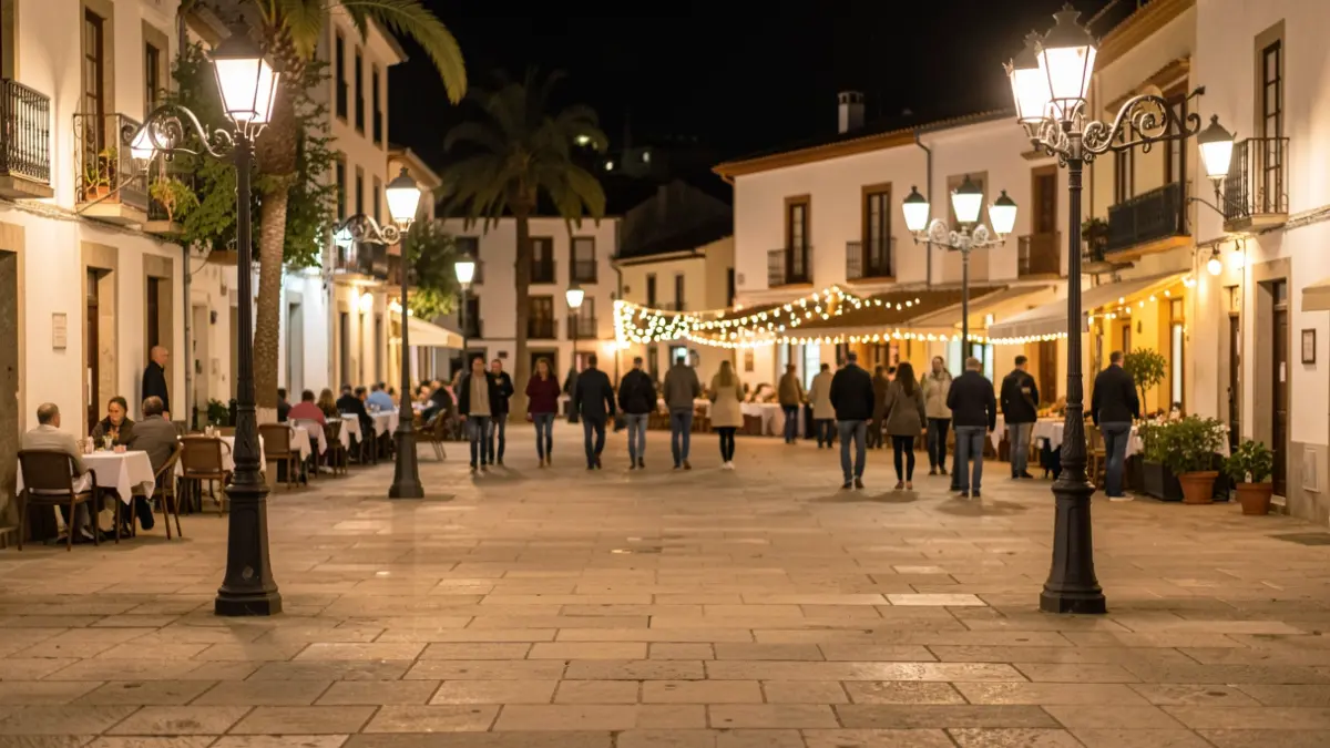 Imagen de una plaza en Canarias ambientada para un evento nocturno con iluminación cálida.