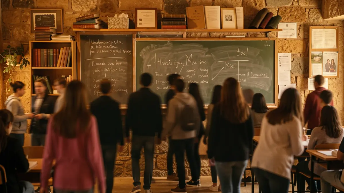 Symbolic image of declining student population in Canarias, with blurred silhouettes of young people and educational elements.