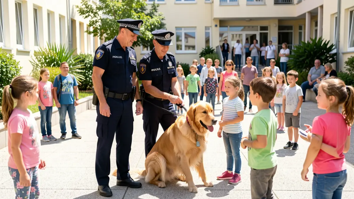 Generic image of Canary Islands police officers and their canine unit interacting with children in a hospital setting.