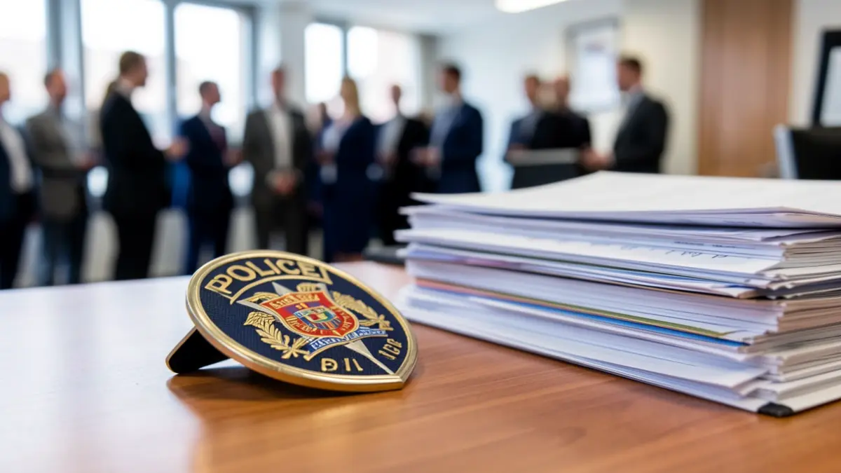 Police badge on official documents in an office.