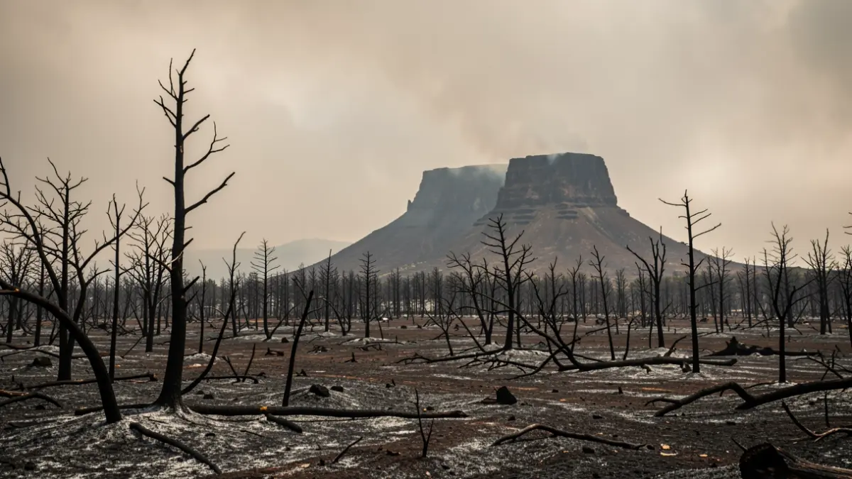 Charred landscape in La Gomera after a forest fire, with Roque de Agando in the background.