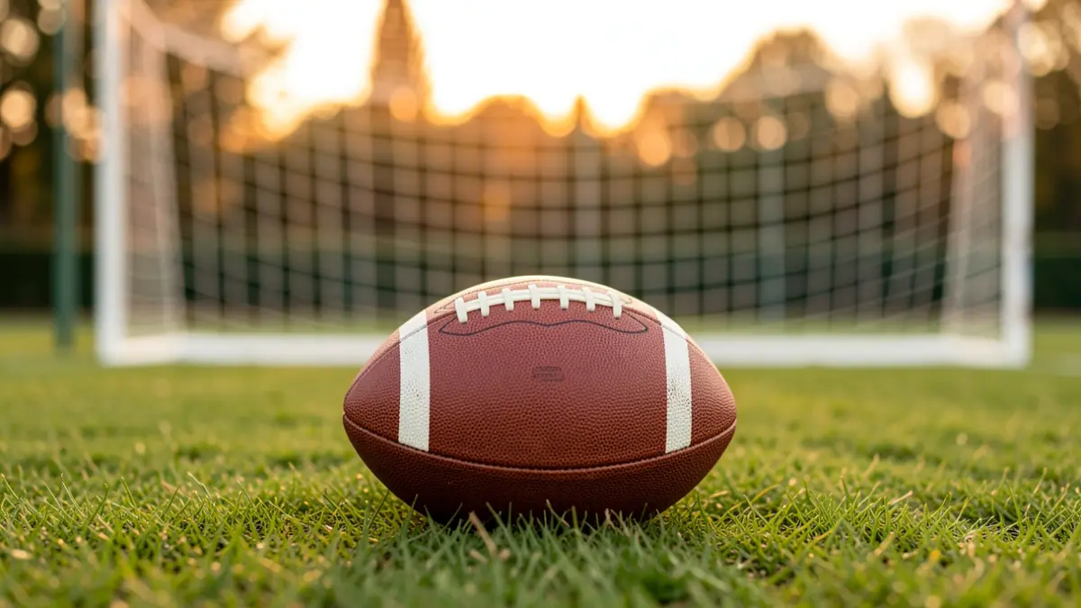 Generic image of a football on grass with the goal blurred in the background.