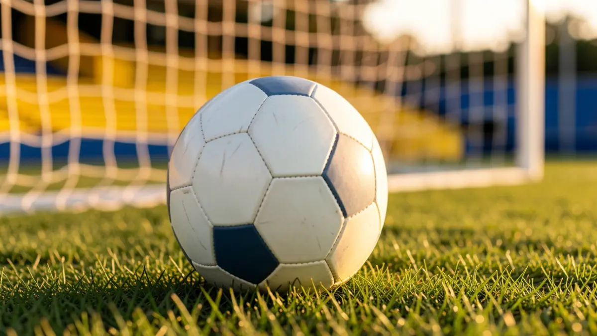 Imagen genérica de un balón de fútbol sobre césped con la red de portería desenfocada.