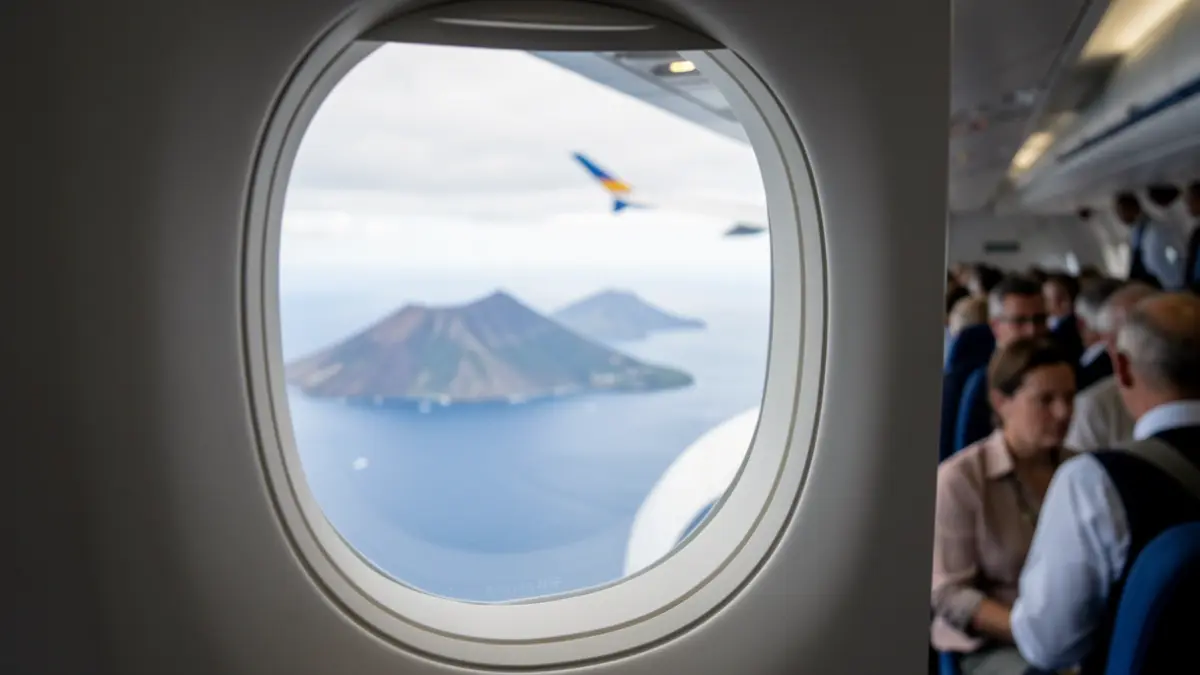 Airplane window with a blurred view of volcanic islands and ocean.